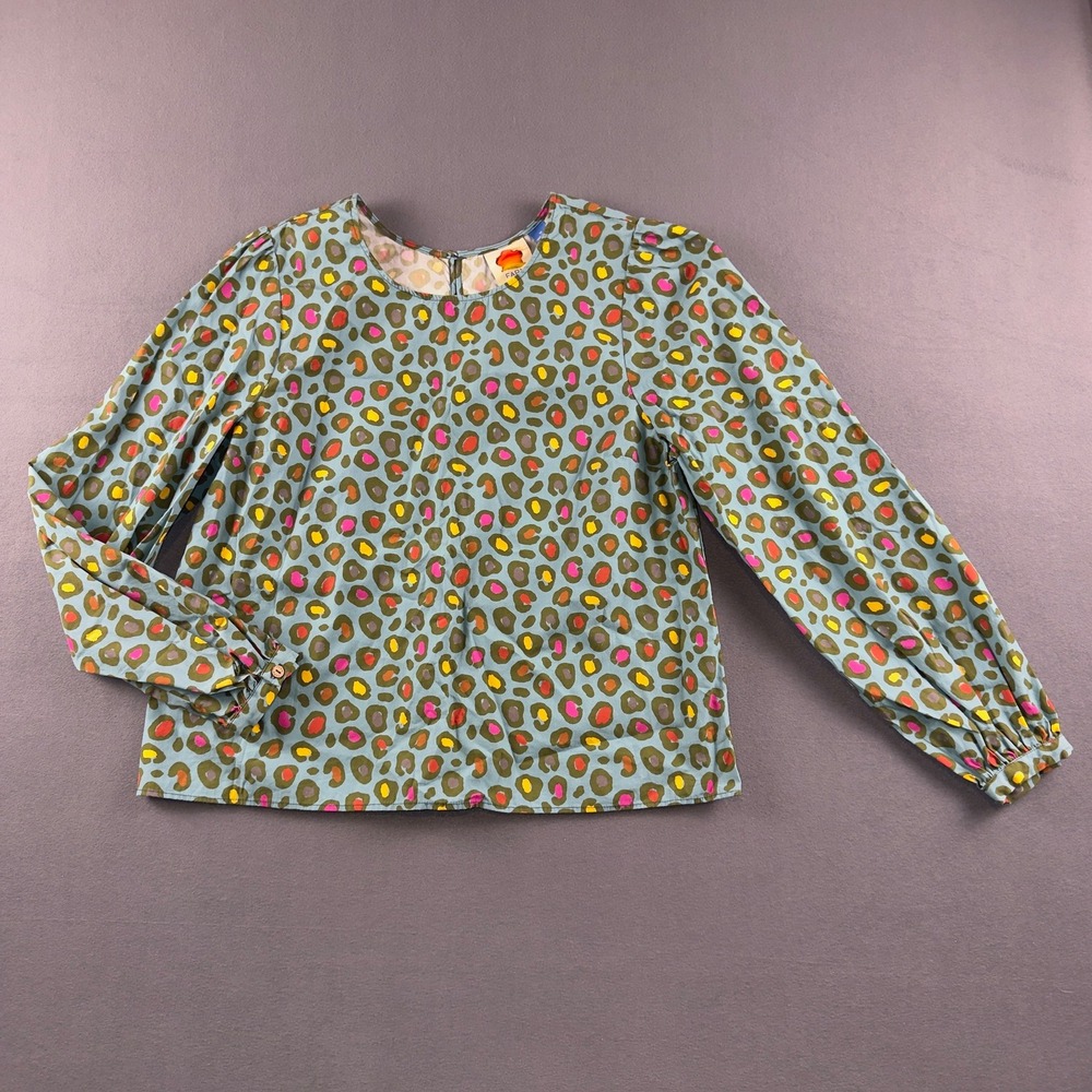 Farm Rio x Anthropologie Hanya Blouse Teal Leopard Print Puff Sleeve Top M